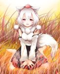  1girl animal_ears barefoot blush breasts chikuwa_savi detached_sleeves happy hat inubashiri_momiji looking_at_viewer open_mouth pom_pom_(clothes) red_eyes short_hair silver_hair sitting skirt smile solo tail tokin_hat touhou v_arms wolf_ears wolf_tail 