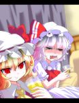  &gt;_o 2girls ascot blonde_hair commentary_request disgusted flandre_scarlet glass hat highres letterboxed multiple_girls open_mouth ramutaizumu red_eyes remilia_scarlet short_hair siblings sisters tears tongue tongue_out touhou wince wink 