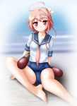  1girl i-58_(kantai_collection) kantai_collection neopure pink_hair red_eyes school_swimsuit school_uniform short_hair sitting swimsuit swimsuit_under_clothes torpedo 