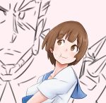  1girl :t breasts brown_eyes brown_hair food food_on_face gamagoori_ira grandmastag kill_la_kill mankanshoku_mako rice_on_face school_uniform serafuku short_hair solo_focus 