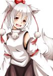  1girl animal_ears blush breasts chikuwa_savi detached_sleeves happy hat inubashiri_momiji looking_at_viewer open_mouth orange_eyes pom_pom_(clothes) short_hair silver_hair skirt solo tail tokin_hat touhou wolf_ears wolf_tail 
