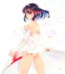  1girl absurdres ass black_hair blood blue_eyes bow breasts dress highres injury kill_la_kill looking_at_viewer looking_back matoi_ryuuko multicolored_hair redhead rotte_(1109) short_hair solo torn_clothes torn_dress two-tone_hair 