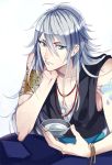  1boy alcohol blue_eyes hoiko_(omurox) indian_style long_hair male nagi_no_asukara sake saucer silver_hair sitting uroko_(nagi_no_asukara) 