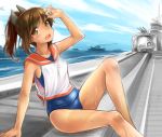  1girl brown_eyes brown_hair cannon hair_ornament hot i-401_(kantai_collection) kantai_collection looking_at_viewer okitakung open_mouth personification ponytail school_swimsuit ship shirt silver_hair sitting solo sweat sweating swimsuit swimsuit_under_clothes water wiping_sweat 