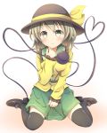  1girl :&gt; black_legwear blouse blush gradient gradient_background green_eyes hand_on_own_chin hat hat_ribbon heart heart_of_string komeiji_koishi kuroganeruto light_brown_hair long_sleeves ribbon shoes short_hair simple_background skirt smile solo thigh-highs third_eye touhou 