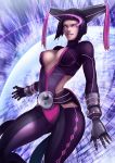  1girl alternate_costume belt belt_buckle black_hair bodysuit breasts center_opening gloves glowing glowing_eye hair_ornament han_juri highres magion02 neon_trim short_twintails sideboob solo street_fighter twintails violet_eyes yin_yang 