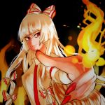  &gt;:) 1girl fire flame foreshortening fujiwara_no_mokou hair_ribbon hime_cut limogesa nail_polish outstretched_arm pointing red_eyes ribbon side smirk touhou tress_ribbon white_hair 