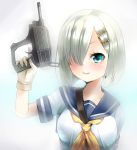  1girl aqua_eyes blush doyouwantto gloves gun hair_ornament hair_over_one_eye hairclip hamakaze_(kantai_collection) kantai_collection looking_at_viewer personification pistol school_uniform serafuku short_hair silver_hair smile solo weapon white_gloves 