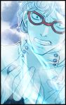  1boy blue_hair ghiaccio glasses highres jojo_no_kimyou_na_bouken red-framed_glasses sekiyoshi solo 