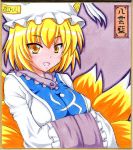  1girl blonde_hair fox_tail hands_in_sleeves hat maisaka multiple_tails open_mouth short_hair solo tabard tail touhou traditional_media yakumo_ran yellow_eyes 