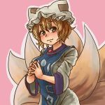  1girl blonde_hair breasts brown_eyes chanta_(ayatakaoisii) dress fox_tail hands_together hat kitsune large_breasts looking_at_viewer multiple_tails short_hair simple_background solo tabard tail touhou yakumo_ran 