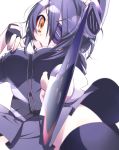  1girl eyepatch fingerless_gloves gloves headgear kantai_collection looking_at_viewer open_mouth perspective purple_hair short_hair solo soratoa sword tenryuu_(kantai_collection) thigh-highs weapon yellow_eyes 