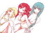  3girls bikini blonde_hair blue_eyes blue_hair hair_bun magi_the_labyrinth_of_magic morgiana multiple_girls orange_eyes pisti red_eyes redhead swimsuit wink yamuraiha 