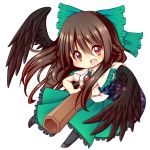  1girl arm_cannon black_wings blush bow brown_hair chibi dress hair_bow highres looking_at_viewer open_mouth red_eyes reiuji_utsuho simple_background slit_pupils solo topia touhou weapon white_background wings 