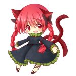  1girl animal_ears bow braid cat_ears cat_tail chibi dress fang hair_bow highres kaenbyou_rin looking_at_viewer multiple_tails open_mouth red_eyes redhead simple_background slit_pupils solo tail topia touhou twin_braids white_background 