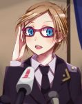  1girl adjusting_glasses bespectacled blonde_hair blue_eyes glasses microphone military military_uniform natalia_poklonskaya open_mouth real_life solo soratoa uniform 