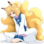  1girl animal_ears ankoro_(eguretto) barefoot blonde_hair breasts dress fox_ears fox_tail indian_style kitsune leaning_forward looking_at_viewer multiple_tails sitting solo tabard tail touhou white_background yakumo_ran yellow_eyes 