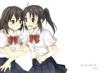  2girls blush bow hachiko_(hati12) multiple_girls original school_uniform simple_background skirt smile white_background yuri 