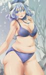  1girl bare_shoulders blue_bra blue_eyes blue_hair blue_panties bra clenched_teeth hat letty_whiterock looking_at_viewer navel open_clothes open_shirt panties plump short_hair solo touhou underwear yohane 
