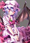  1girl ascot bat_wings blue_hair brooch fang grey_background hands_in_lap hands_together hat hat_ribbon head_tilt higashimura highres jewelry looking_at_viewer mob_cap parted_lips puffy_short_sleeves puffy_sleeves red_eyes remilia_scarlet ribbon short_hair short_sleeves simple_background sitting skirt skirt_set slit_pupils solo touhou v_arms wings wrist_cuffs 