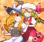 2girls apron blonde_hair bow closed_eyes fang fingernails flandre_scarlet grin hair_bow happy hat hat_ribbon head_tilt head_to_head high_collar holding_hands kirisame_marisa long_hair looking_at_another makako_(makarori_) multiple_girls orange_background puffy_short_sleeves puffy_sleeves red_eyes ribbon short_hair short_sleeves side_glance side_ponytail skirt skirt_set smile star starry_background touhou waist_apron wings wink witch_hat 