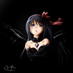  1girl akemi_homura akuma_homura black black_gloves black_hair blush elbow_gloves gloves hairband highres jewelry long_hair magical_girl mahou_shoujo_madoka_magica mahou_shoujo_madoka_magica_movie nitta_hiroto pendant self_hug solo spoilers violet_eyes wings 