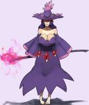  1girl bare_shoulders barefoot black_hair breasts cleavage detached_sleeves dress glowing glowing_eyes hat huge_breasts long_hair mismagius personification pigeon-toed pokemon red_eyes scathegrapes solo staff wide_sleeves witch_hat 