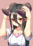  1girl black_hair collarbone dream_demon hands_on_head horns long_hair looking_at_viewer monster_girl original pink_background pointy_ears pout red_eyes solo taut_clothes taut_shirt 
