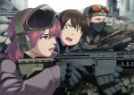  1girl 2boys assault_rifle black_eyes blue_eyes brown_hair city commentary face_mask gloves goggles goggles_on_head gun headset looking_at_another mask military multiple_boys original pink_hair rifle rubble ruins saving_private_ryan scope short_hair sniper_rifle takamaru_(opagu) war weapon 