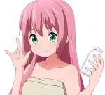  1girl \m/ alternate_hairstyle ame. bare_shoulders bottle chuunibyou_demo_koi_ga_shitai! green_eyes hair_down milk naked_towel pink_hair shichimiya_satone towel 