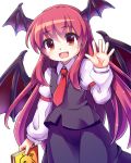  1girl armband bat_wings book dress_shirt head_tilt head_wings koakuma long_hair looking_at_viewer necktie open_hand open_mouth puremiamuanago raised_hand red_eyes redhead shirt simple_background skirt solo touhou very_long_hair vest white_background wings 