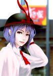  1girl ascot blouse blue_hair blurry bust depth_of_field ears hand_on_head hat highres hiragana_(gomasyabu) lips looking_at_viewer nagae_iku realistic red_eyes smile solo touhou 