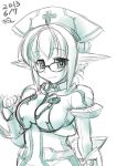  1girl breasts dated enemia_(nire_nanaki) glasses looking_at_viewer monochrome nire_nanaki original pointy_ears simple_background smile solo white_background 
