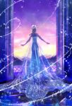  1girl balcony bare_shoulders blue_dress braid cape dress elsa_(frozen) from_behind frozen_(disney) morning see-through single_braid sky solo sparkle tiara twilight white_hair yuki_tsuki_(rinlen) 