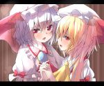  2girls ascot blonde_hair brooch fangs flandre_scarlet frills hair_between_eyes hat hat_ribbon heart highres incest jewelry kuromu_(underporno) letterboxed looking_at_viewer mob_cap multiple_girls open_mouth puffy_short_sleeves puffy_sleeves purple_hair red_eyes remilia_scarlet ribbon saliva saliva_trail short_hair short_sleeves siblings side_ponytail sisters touhou yuri 