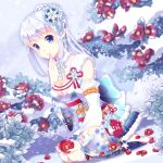  1girl barefoot blue_eyes breasts cleavage dress earrings flower hair_ornament jewelry long_hair original silver_hair sitting smile snow solo 