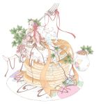  1girl barefoot dish dress food food_as_clothes food_themed_clothes fruit h-noi hair_as_food headdress highres looking_up pancake raspberry red_eyes ribbon solo sweat white_hair 