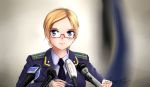  1girl bangs blonde_hair glasses microphone military military_uniform natalia_poklonskaya parted_bangs real_life short_hair solo uniform 