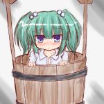  1girl :&lt; blue_eyes blush bucket collarbone frown gradient gradient_background green_eyes green_hair hair_bobbles hair_ornament in_bucket in_container kisume looking_at_viewer o_omune_(kagu8) open_clothes open_shirt rough short_hair simple_background solo touhou twintails 