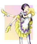  2girls black_hair blonde_hair carrying dress long_hair mittwoch multicolored_hair multiple_girls pretty_rhythm pretty_rhythm_rainbow_live princess_carry purple_hair short_hair suzuno_ito takanashi_otoha two-tone_hair 