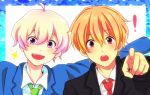  2boys ahoge blonde_hair blush crossover free! haru_(tsuritama) hazuki_nagisa male multiple_boys necktie open_mouth pointing red_eyes school_uniform short_hair smile sparkle trait_connection tsuritama violet_eyes yumeno_(yumeno-23) 