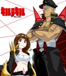 1boy 1girl artist_request banchou blonde_hair brass_knuckles brown_eyes brown_hair cape cosplay costume_switch crossed_arms gamagoori_ira hat height_difference highres kill_la_kill mankanshoku_mako midriff mouth_hold navel sarashi short_hair weapon 
