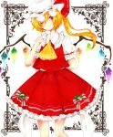  1girl ;) arm_behind_back ascot blonde_hair border bow flandre_scarlet frilled_hat frilled_skirt frills highres mob_cap puffy_short_sleeves puffy_sleeves red_eyes short_sleeves side_ponytail skirt touhou vest wings wink 