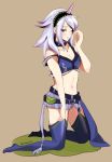  1girl bare_shoulders belt blue_legwear breasts cleavage garter_straps hairband highres horn jewelry kirin_(armor) kneeling long_hair midriff monster_hunter monster_hunter_4 navel off_shoulder pendant pouch silver_hair simple_background solo thigh-highs wince yanai_(ynich) 