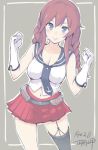  1girl black_eyes black_legwear braid breasts brown_hair cleavage dated gloves long_hair looking_at_viewer masaoka_misaki midriff navel noshiro_(kantai_collection) personification pleated_skirt sailor_collar signature single_thighhigh skirt smile solo thigh-highs twin_braids 