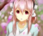  1girl alternate_hairstyle breasts collarbone headphones long_hair nitroplus open_mouth petals pink_eyes pink_hair ponytail solo super_sonico 
