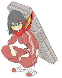  black_eyes black_hair case chokuboron_ryou kill_la_kill matoi_ryuuko scarf senketsu squatting sunglasses track_suit 