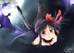  1girl akemi_homura akuma_homura black_gloves black_hair blush elbow_gloves falling gloves hairband highres long_hair looking_at_viewer magical_girl mahou_shoujo_madoka_magica mahou_shoujo_madoka_magica_movie moon moonlight nitta_hiroto open_mouth solo spoilers thigh-highs violet_eyes 