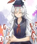  1girl closed_eyes cosplay embarrassed fingers_together fujiwara_no_mokou hair_ribbon hat hatsue highres kamishirasawa_keine kamishirasawa_keine_(cosplay) long_hair ribbon short_sleeves silver_hair smile solo touhou tress_ribbon 