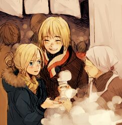  1boy 2girls ^_^ annie_leonhardt armin_arlert blue_eyes blush closed_eyes cup half_updo height_difference multiple_girls old_woman shingeki_no_kyojin short_hair smile sorakura_shikiji 